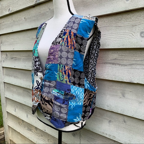 Vintage 80s Blue Handmade Abstract Patchwork Print Sleeveless Button Down Vest - Picture 3 of 16